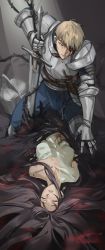 1boy 1girl alternate_costume armor black_hair blonde_hair blood blood_on_face breastplate full_armor gauntlets greaves helm helmet highres holding holding_sword holding_weapon husband_and_wife knight long_hair medieval pauldrons plate_armor qksas3 shoulder_armor spines spy_x_family sword twilight_(spy_x_family) warrior weapon yor_briar