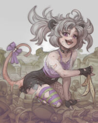 1girl absurdres asymmetrical_legwear banana_peel bandaid bandaid_on_arm beer_bottle black_gloves black_shorts bong camisole can candy chocolate chocolate_bar choker commentary english_commentary fangs fingerless_gloves fishnet_thighhighs fishnets food full_body gloves grey_hair highres holding indie_virtual_youtuber lighter messy_hair o-ring o-ring_choker open_mouth peony_opossum possum_ears possum_girl possum_tail purple_camisole purple_eyes see-through_clothes see-through_shirt seiza shirt short_shorts shorts sitting smile solo striped_clothes striped_thighhighs thighhighs torn_clothes torn_shorts torn_thighhighs trash virtual_youtuber zhjake