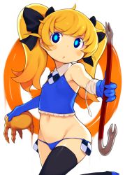 1girl :o asymmetrical_gloves bachera bandages bare_shoulders bikini bikini_bottom_only black_bow black_thighhighs blonde_hair blue_bikini blue_eyes blue_gloves blush bow breasts bright_pupils covered_erect_nipples cowboy_shot crowbar elbow_gloves female_focus gloves groin hair_bow half-life half-life_(series) headcrab highres holding holding_crowbar long_hair looking_at_viewer lowleg lowleg_bikini navel original simple_background single_elbow_glove skindentation sleeveless small_breasts solo swimsuit thighhighs twintails uneven_gloves white_background