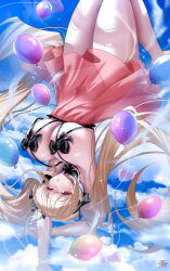 1girl absurdres alternate_costume armpits azur_lane balloon blonde_hair blush breasts cleavage formidable_(azur_lane) highres large_breasts looking_at_viewer one_eye_closed outdoors pink_skirt red_eyes see-through_clothes see-through_skirt skirt sky solo tansuan_(ensj3875) thighs twintails upside-down