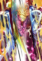2boys blonde_hair death dragon_ball frieza green_eyes multiple_boys official_art serious spiked_hair split_in_half super_saiyan sword trunks_(dragon_ball) trunks_(future)_(dragon_ball) weapon