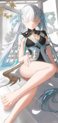 1girl absurdres artist_name bare_legs barefoot blush breasts cleavage closed_mouth colored_eyelashes commentary dress grey_eyes grey_hair hair_ornament hair_rings haruri highres jinhsi_(wuthering_waves) leaf long_hair looking_at_viewer maple_leaf medium_breasts mole mole_on_cheek multicolored_dress sitting smile solo thighs toenails toes very_long_hair wuthering_waves