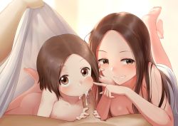 1boy 2girls age_difference babu barefoot blush breasts brown_eyes brown_hair cheek_bulge cleavage collarbone cum cum_in_mouth erection father_and_daughter feet fellatio ffm_threesome flat_chest grin group_sex hetero husband_and_wife incest karakai_jouzu_no_(moto)_takagi-san karakai_jouzu_no_takagi-san loli long_hair looking_at_viewer male_pubic_hair mature_female medium_breasts mother_and_daughter multiple_girls nipples nishikata nishikata_chii nude oral oyakodon_(sex) penis penis_nursing pov pubic_hair saliva small_areolae small_nipples smile soles takagi-san threesome toes uncensored under_covers