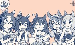 2025 5girls dictus_striker_(umamusume) eating highres inada_roku mejiro_ardan_(umamusume) multiple_girls sakura_chiyono_o_(umamusume) school_uniform short_sleeves summer_uniform super_creek_(umamusume) tracen_school_uniform umamusume umamusume:_cinderella_gray yaeno_muteki_(umamusume)