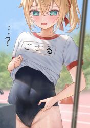 Rule 34 | 1girl, ?, @ @, aqua eyes, black one-piece swimsuit, blonde hair, blurry, blurry background, blurry foreground, blush, breasts, cameltoe, clothes lift, covered navel, cowboy shot, depth of field, ebihurai, eyelashes, gym uniform, hair between eyes, hair ribbon, highres, hololive, kazama iroha, lifting own clothes, one-piece swimsuit, open mouth, outdoors, ponytail, red ribbon, ribbon, running track, shirt, shirt lift, short sleeves, skin tight, small breasts, solo, sweat, sweatdrop, swimsuit, swimsuit under clothes, virtual youtuber, white shirt