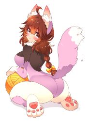 1girl animal_ears animal_hands ass bow breasts brown_eyes brown_hair cat_ears fake_animal_ears highres leotard looking_at_viewer original purple_leotard tail toconikky white_background yellow_bow