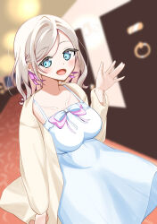 Rule 34 | 1girl, :d, \||/, blue dress, blue ribbon, blurry, blurry background, blush, bow, breasts, ceras yanagida lilienfeld, ceras yanagida lilienfeld (summer loungewear), collarbone, commentary request, corocoro567, dress, dress bow, dress ribbon, feet out of frame, hair intakes, hair ribbon, highres, in-universe location, indoors, jacket, large breasts, link! like! love live!, long hair, long sleeves, looking at viewer, love live!, official alternate costume, open clothes, open jacket, open mouth, pink bow, pink ribbon, ribbon, sleeveless, sleeveless dress, smile, solo, spaghetti strap, swept bangs, virtual youtuber, white jacket, white ribbon