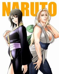 Rule 34 | 2girls, arm at side, back-to-back, black eyes, black hair, black kimono, black pants, blonde hair, breasts, brown eyes, copyright name, facial mark, forehead mark, green jacket, hand on own chest, hand on own thigh, jacket, jacket over shoulder, japanese clothes, kimono, large breasts, leaning forward, long hair, looking at viewer, medium breasts, multiple girls, naruto (classic), naruto (series), pants, parted lips, saburo des, sash, shirt, shizune (naruto), short hair, sidelocks, sleeveless, sleeveless shirt, smile, tsunade (naruto), unworn jacket, waist sash, white background, white shirt