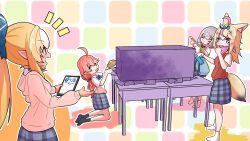 4girls ahoge alternate_costume animal_ear_fluff animal_ears arts_and_crafts black_hair black_socks blonde_hair blue_bow bow bowtie box cardboard_box cardigan cardigan_vest closed_eyes collared_shirt cowboy_shot dark-skinned_female dark_skin desk dezhsieh easel elf fox_ears fox_girl fox_tail full_body green_eyes grey_hair grey_skirt hair_bow hair_ornament heart heart-shaped_pupils high_ponytail highres hololive hood hood_down hoodie kneeling long_hair long_sleeves looking_at_another mask medium_hair multicolored_hair multiple_girls no_shoes notice_lines o3o omaru_polka open_mouth pink_hair pink_hoodie plaid_clothes plaid_skirt pointy_ears ponytail purple_eyes red_bow red_bowtie red_cardigan red_vest sakura_miko school_desk school_uniform shiranui_flare shirogane_noel shirt short_sleeves sidelocks skirt smile socks standing streaked_hair symbol-shaped_pupils tail tape vest virtual_youtuber white_shirt white_socks x_hair_ornament