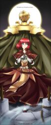 1boy 1girl armor back-to-back blonde_hair blue_eyes blunt_bangs bob_cut brown_capelet brown_dress cape capelet closed_mouth commentary dress english_commentary english_text full_body full_moon fumiddition gauntlets grey_cape highres looking_at_viewer moon own_hands_together paladin_(ragnarok_online) pauldrons ragnarok_online red_hair short_hair shoulder_armor sky standing star_(sky) starry_sky swordsman_(ragnarok_online) watermark web_address