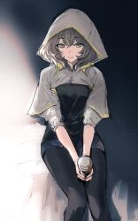 1girl :d big_hair black_pantyhose brown_hair capelet cup disposable_cup final_fantasy final_fantasy_xiv green_eyes highres holding holding_cup hood hood_up hooded_capelet legs_together looking_at_viewer nns_ff14 open_mouth pantyhose pantyhose_under_shorts short_shorts shorts sitting smile solo sphene_(ff14) v_arms