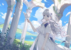 1girl arm_at_side bare_arms bird bird_on_hand blue_eyes cloud collar commentary_request cowboy_shot day detached_collar dove dress dutch_angle falling_feathers feathers flower from_side hair_flower hair_ornament hand_up highres jewelry layered_dress light_frown long_dress long_hair long_sidelocks looking_at_viewer looking_to_the_side mountain necklace original outdoors ruins short_sleeves sidelocks sideways_glance solo standing stone_pillar wavy_hair white_bird white_collar white_dress white_feathers white_flower white_hair wide_sleeves yuyuhi_fine