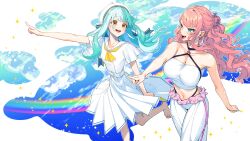 Rule 34 | 2girls, :d, absurdres, aqua hair, aqua nails, bare legs, bare shoulders, barefoot, belt, beret, blue sky, breasts, brown eyes, character request, cleavage, cloud, commentary request, copyright request, dress, giuniu, green eyes, hat, highres, long hair, looking at another, midriff, multiple girls, navel, neckerchief, open mouth, pants, pink hair, pointing, pointing forward, rainbow, sailor dress, sky, smile, strapless, teeth, tube top, upper teeth only, white belt, white dress, white hat, white pants, white tube top, yellow neckerchief