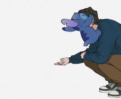 1boy animal_ears black_hair blue_fur blue_shirt brown_pants claws closed_eyes commentary creature crossover highres lilo_&amp;_stitch long_sleeves marvel marvel_cinematic_universe pants puffy_long_sleeves puffy_sleeves sentry_(marvel) shirt shoes short_hair simple_background sneakers squatting stitch_(lilo_&amp;_stitch) symbol-only_commentary tail thunderbolts_(movie) white_background yamuoez