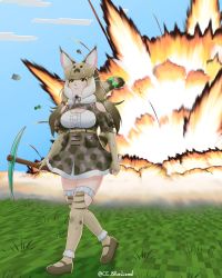 Rule 34 | 1girl, absurdres, animal costume, animal ear fluff, animal ears, bare shoulders, belt, cat ears, cat girl, cat tail, ce bluelizard, extra ears, fingerless gloves, gloves, grey hair, highres, jungle cat (kemono friends), kemono friends, kemono friends v project, kneehighs, long hair, microphone, minecraft, multicolored hair, parody, sayonara eri, scarf, shirt, shoes, skirt, socks, solo, tail, twintails, virtual youtuber