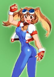 Rule 34 | 1girl, :d, animal ears, ass, blue bodysuit, blue unitard, bodysuit, breasts, brown eyes, commentary request, cropped jacket, fingerless gloves, gloves, goggles, goggles on head, green eyes, jacket, looking at viewer, makihara arina, medium breasts, onnaski, open mouth, rabbit ears, red gloves, short hair, skin tight, smile, solo, unitard, waku waku 7