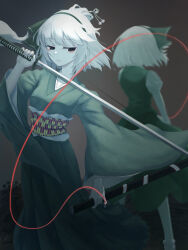 2girls alternate_costume alternate_hairstyle breasts closed_mouth commentary dual_persona green_hairband green_kimono green_skirt green_vest hair_ornament hair_stick hairband highres holding holding_sheath holding_sword holding_weapon japanese_clothes katana kimono konpaku_youmu konpaku_youmu_(ghost) long_sleeves medium_hair multiple_girls obi personification sash sheath shinra-bansho skirt skirt_set string string_of_fate sword tenx2_1341 touhou unsheathed vest weapon white_hair wide_sleeves