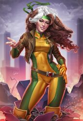 1girl belt bodysuit boots brown_belt brown_hair brown_jacket cropped_jacket douglas_bicalho gloves green_bodysuit green_eyes hand_on_own_hip highres jacket long_hair looking_at_viewer marvel multicolored_hair open_clothes open_jacket rogue_(x-men) single_glove solo sparks two-tone_bodysuit two-tone_hair white_hair x-men yellow_bodysuit yellow_boots yellow_gloves