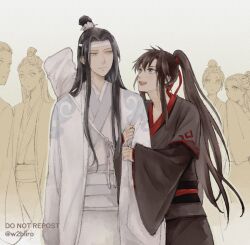 2boys 4others arm_hug black_hair black_hanfu brown_hair chinese_clothes closed_mouth grey_eyes guqin hair_ribbon hanfu headband high_ponytail holding_another&#039;s_arm instrument_case lan_wangji long_hair long_sleeves looking_at_another male_focus modao_zushi multiple_boys multiple_others open_mouth ponytail red_ribbon ribbon robe sash shoulder_belt sidelocks sleeves_past_wrists smile topknot twitter_username very_long_hair w2biiro watermark wei_wuxian white_hanfu white_headband wide_sleeves xiao_guan_(headdress) yaoi yellow_eyes