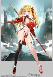 1girl armband black_thighhighs blonde_hair breasts character_request circlet evertale headband highres holding holding_staff jacket jewelry journey_to_the_west large_breasts long_hair monkey_girl monkey_tail navel official_art open_clothes open_jacket open_mouth pelvic_curtain popqn red_footwear single_thighhigh skindentation smile staff sun_wukong tail thighhighs thighlet twintails