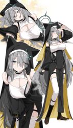 1girl animal_ear_hood ankle_boots b.t._(boob_tong) black_boots black_choker black_gloves blue_archive blue_eyes blue_halo boots breasts choker cleavage cleavage_cutout closed_mouth clothing_cutout covered_navel fake_animal_ears gloves gold_buckle grey_hair hair_ornament hair_over_one_eye half_gloves halo highres hood leggings light_blush long_hair looking_at_viewer lying nun on_side one_eye_closed reaching reaching_towards_viewer shiroko_(blue_archive) shiroko_terror_(blue_archive) side_slit sleepy slit_pupils white_leggings