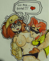 1boy 1girl bad_tag boots breast_sucking breasts fio_germi hand_in_panties hand_on_another&#039;s_head highres licking_nipple metal_slug nipple_stimulation panties tagme tarma_roving underwear