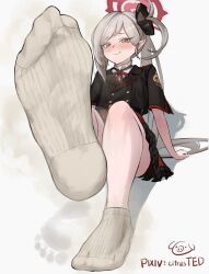 1girl :q blue_archive blush citrusted feet footprints highres long_hair looking_at_viewer mutsuki_(blue_archive) pointy_ears red_eyes side_ponytail socks soles steam tongue tongue_out white_hair white_socks