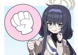 Rule 34 | 1girl, bags under eyes, black hair, blue archive, cardigan, glasses, grey cardigan, hairband, halo, highres, holding, long hair, long sleeves, looking at viewer, neckerchief, open cardigan, open clothes, open mouth, parody, purple eyes, purple hairband, purple neckerchief, rock paper scissors, round eyewear, sailor collar, sazae-san, solo, ui (blue archive), upper body, white sailor collar, xaiqi
