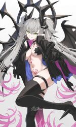 1girl boots demon_horns fate/grand_order fate_(series) green_eyes highres horns kamo_ashi lilith_(fate) lilith_(second_ascension)_(fate) multicolored_hair pink_hair pubic_tattoo reaching scissors signature smile tattoo thigh_boots twintails two-tone_hair white_hair