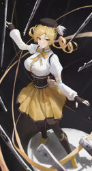 1girl absurdres beret black_background black_gloves black_hat blonde_hair breasts closed_mouth corset drill_hair fingerless_gloves gloves hat highres jianjia large_breasts long_sleeves looking_at_viewer magical_girl mahou_shoujo_madoka_magica mahou_shoujo_madoka_magica_(anime) shirt skirt standing tomoe_mami tomoe_mami_(magical_girl) twin_drills white_shirt yellow_skirt