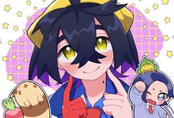 2boys 80pn @_@ applin biting black_hair blue_hair blue_shirt blue_sweater blush character_request collared_shirt colored_inner_hair crossed_bangs furret gen_2_pokemon gen_5_pokemon gen_8_pokemon gloves grey_eyes hair_between_eyes hairband highres kieran_(pokemon) male_focus medium_hair mole mole_on_neck multicolored_hair multiple_boys necktie nintendo on_head one_eye_closed pokemon pokemon_(creature) pokemon_on_head pokemon_sv purple_hair red_gloves red_necktie sewaddle shirt single_glove small_sweatdrop smile star_(symbol) sweater thick_eyebrows two-tone_hair yellow_eyes yellow_hairband