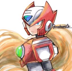 Rule 34 | 1boy, absurdres, android, armor, blonde hair, blue eyes, chest jewel, forehead jewel, from side, helmet, highres, long hair, looking at viewer, male focus, mega man (series), mega man x (series), meshiuma0x, red armor, red helmet, simple background, solo, twitter username, upper body, white background, zero (mega man)