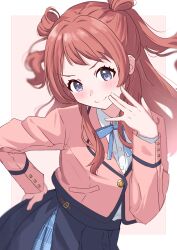 1girl absurdres blue_eyes blue_overskirt blush border brown_hair collared_shirt commentary cropped_jacket gakuen_idolmaster hair_rings hanami_saki hand_on_own_hip hatsuboshi_gakuen_school_uniform highres idolmaster jacket long_hair long_sleeves looking_at_viewer neck_ribbon nina_(nina_funny1217) pink_background pink_jacket pleated_skirt ribbon school_uniform shirt simple_background skirt smile solo two_side_up white_border white_shirt