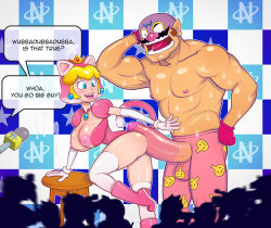1boy 1girl animal_ears ass blonde_hair blue_eyes blush body_blush breasts breasts_out cat_ears cat_peach cat_tail crowd crown earrings facial_hair hetero huge_breasts jewelry mario_(series) muscular mustache nintendo nipples penis penis_awe princess_peach public_indecency pussy pussy_juice rhythm_tengoku shiny_skin size_difference smile super_mario_3d_world sweat tail thick_lips thighhighs turk128 wario warioware wet wrestling_outfit