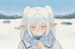 1girl blue_flower blue_scarf blue_sky closed_mouth coat day elf flower frieren green_eyes highres hiiasd1 holding holding_flower long_hair looking_at_viewer outdoors pointy_ears scarf sky snow solo sousou_no_frieren twintails white_coat white_hair winter_clothes