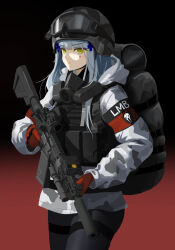 1girl absurdres ammunition_pouch animal_skull armband assault_rifle backpack bag black_armband black_background black_bag black_pants blue_hair blunt_bangs buckle camouflage camouflage_jacket closed_mouth combat_helmet commentary cowboy_shot cross cross_hair_ornament cross_patty girls&#039;_frontline gloves goggles goggles_on_headwear gradient_background grey_jacket gun gun_sling h&amp;k_hk416 hair_ornament helm helmet highres hk416_(fang)_(girls&#039;_frontline) hk416_(girls&#039;_frontline) holding holding_gun holding_weapon hood hood_down hooded_jacket jacket laser_sight light_brown_hair load_bearing_vest long_sleeves mask mask_around_neck military_jacket military_operator multicolored_jacket optical_sight pants pouch qwer_v2 red_armband red_background red_gloves respirator rifle serious snap-fit_buckle snow_camouflage solo suppressor tactical_clothes teardrop_facial_mark thigh_strap tom_clancy&#039;s_the_division two-tone_background two-tone_jacket unworn_mask weapon white_jacket yellow_eyes