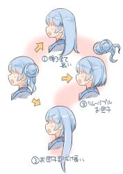 alternate_hairstyle arrow_(symbol) blue_hair blue_sailor_collar commentary_request detachable double_bun enjaku_izuku hair_bun highres kantai_collection long_hair profile sailor_collar samuel_b._roberts_(kancolle) samuel_b._roberts_mk_ii_(kancolle) short_hair translation_request upper_body yellow_eyes