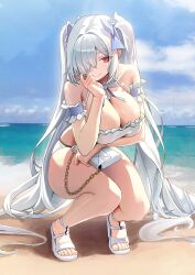 1girl absurdres beach blue_sky cinderella_(nikke) day goddess_of_victory:_nikke grey_hair hallo_(rltkdydrltk) highres horizon ocean red_eyes sand sandals sky solo water