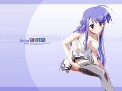 00s 1girl ahoge blue_background blush bra breasts character_name cleavage copyright_name embarrassed english_text engrish_text female_focus grey_thighhighs large_breasts letterboxed lingerie long_hair miniskirt nerine official_art official_wallpaper panties pantyshot ranguage shuffle! simple_background sitting skirt solo thighhighs underwear very_long_hair