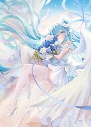 1girl absurdres azur_lane banchiyuebai blue_eyes blue_flower blue_hair blue_rose blue_sky blush bouquet bride commentary_request dress falling_petals floating_hair flower frilled_dress frills hair_between_eyes hair_bun hair_flower hair_ornament high_heels highres holding holding_bouquet janus_(azur_lane) long_hair looking_at_viewer petals ribbon rose shoes single_hair_bun single_shoe sky solo thighhighs thighs very_long_hair wedding_dress white_dress white_flower white_rose white_shoes white_thighhighs white_wings wings