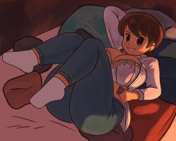 Rule 34 | 1girl, aioi yuuko, arm behind head, bed sheet, blue pants, bra, breasts, brown hair, condom, condom wrapper, dozo gon, highres, holding, holding condom, imminent penetration, in bed, jacket, large breasts, legs up, looking at viewer, nichijou, open clothes, open jacket, pants, pillow, short hair, smile, smug, socks, solo, teeth, underwear, white bra, white jacket, white socks