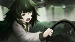 blunt_bangs car car_interior clothing_request collar collarbone crack cracked_glass dress driving flat_chest game_cg green_collar green_dress green_eyes green_hair green_trim grey_jacket gunshot highres hiyajou_maho huke jacket jacket_over_dress long_hair long_sleeves messy_hair motion_blur motor_vehicle nervous_sweating non-web_source official_art open_mouth rear-view_mirror right-hand_drive ringed_eyes scared shirt shouting steering_wheel steins;gate steins;gate_0 sweat teeth thick_eyebrows tongue v-shaped_eyebrows very_long_hair windshield