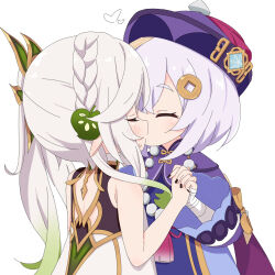 2girls azbchan1221 bandaged_arm bandages bead_necklace beads black_nails blush chinese_clothes closed_eyes coin_hair_ornament commentary_request couple dress genshin_impact gradient_hair hair_ornament hands_up hat highres holding_hands interlocked_fingers jewelry jiangshi kiss kodomo_doushi leaf_hair_ornament long_hair long_sleeves multicolored_hair multiple_girls nahida_(genshin_impact) necklace ofuda ofuda_on_head pointy_ears purple_hair purple_hat qingdai_guanmao qiqi_(genshin_impact) side_ponytail simple_background sleeveless sleeveless_dress talisman tamura_yukari upper_body voice_actor_connection white_background white_dress white_hair yuri