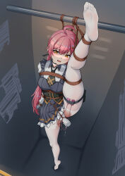 1girl absurdres ahoge arms_behind_back bdsm black_choker bondage bound bound_arms bound_legs breasts brown_eyes choker dress egg_vibrator feet frilled_dress frilled_skirt frills highres legs long_hair medium_breasts no_shoes object_insertion original pantyhose pink_hair restrained sex_toy shibari shibari_over_clothes skindentation skirt soles split spread_legs standing standing_on_one_leg t_zhonglang toes torn_clothes torn_pantyhose vaginal vaginal_object_insertion very_long_hair vibrator white_pantyhose