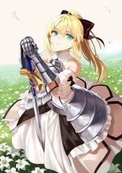 1girl armor armored_dress artoria_pendragon_(fate) bare_shoulders black_bow blonde_hair bow detached_sleeves dress excalibur_(fate/stay_night) fate/grand_order fate_(series) faulds field flower flower_field gauntlets grass green_eyes hair_bow long_hair murata_taichi ponytail saber_lily solo sword weapon white_dress white_flower