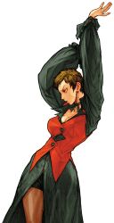1girl arms_up breasts brown_hair capcom capcom_vs_snk_2 choker cleavage earrings from_side game_cg highres jewelry large_breasts long_skirt looking_ahead nishimura_kinu non-web_source official_art pantyhose pantyhose_under_shorts ribbon_choker short_hair shorts shorts_under_skirt skirt solo the_king_of_fighters vest vice_(kof) waistcoat