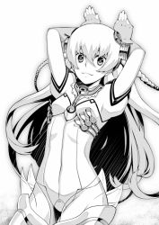 1girl ar_tonelico ar_tonelico_i arms_behind_head arms_up bodysuit braid breasts cowboy_shot female_focus gloves greyscale hair_between_eyes hair_ornament headgear lace leotard light_smile long_hair looking_at_viewer monochrome rabbit_pose see-through_clothes shurelia_(ar_tonelico) small_breasts smile solo terumii thighhighs twin_braids very_long_hair