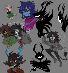 1boy 1girl 1other absurdres animal_ears animal_nose antlers blood blood_on_clothes blue_eyes blue_hair blue_horns blue_skin brown_hair colored_skin commentary december_holiday deer_antlers deer_ears deer_girl deltarune design_speculation detached_wings english_commentary english_text expressionless fangs furry furry_female furry_male goat_horns green_sweater grin hair_between_eyes heart highres horns jacket kris_(dark_world)_(deltarune) kris_(deltarune) medium_hair messy_hair moonpaw17 multiple_views music musical_note own_hands_clasped own_hands_together red_eyes red_jacket red_scarf scarf short_hair singing small_sweatdrop smile spoilers sweater v wings