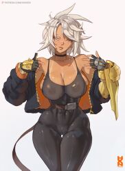 1girl abs artist_name bare_shoulders black_bodysuit black_gloves black_jacket blazblue bodysuit breasts brown_eyes bullet_(blazblue) bursting_breasts commentary covered_erect_nipples covered_navel cowboy_shot dark-skinned_female dark_skin english_commentary fingerless_gloves gloves howxen jacket large_breasts muscular muscular_female no_bra patreon_logo scar scar_on_face scar_on_nose see-through_bodysuit see-through_clothes short_hair signature simple_background solo watermark web_address white_background white_hair