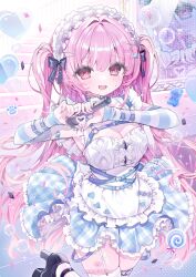 1girl absurdres amehoshi_kiseki belt black_shoes blue_skirt blush breasts candy cleavage commentary_request commission detached_sleeves dress food frilled_dress frills gummy_bear hairband heart heart_hands high_heels highres holding holding_microphone indoors konpe_itou large_breasts lolita_hairband lollipop long_hair looking_at_viewer microphone multiple_belts official_art open_mouth pink_eyes pink_hair plaid_clothes plaid_skirt razz_production shoes single_thighhigh skirt smile solo stage standing standing_on_one_leg striped_sleeves thigh_strap thighhighs twintails two_side_up very_long_hair virtual_youtuber white_dress white_thighhighs